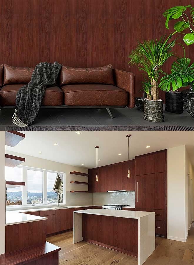 رَوَائِد ورق جدران بتصميم خشب الجوز 45×500 سم – بلون بني مائل للأحمر، لاصق ذاتي وقابل للإزالة، لتغليف الخزائن والمكاتب والدولايب – لفة فينيل بنقش حبيبات الخشب - Image 5