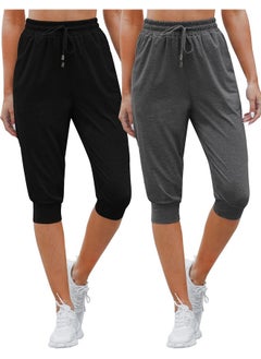 2 Pack Women Capri Sweatpants Women'S Drawstring Capris Casual Cropped Jogger Pants With Pockets (Black, Dark Gray, Xlarge)