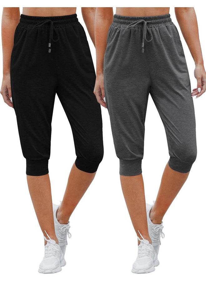 Syhood - 2 Pack Women Capri Sweatpants Women'S Drawstring Capris Casual Cropped Jogger Pants With Pockets (Black, Dark Gray, Xlarge) - Image 1