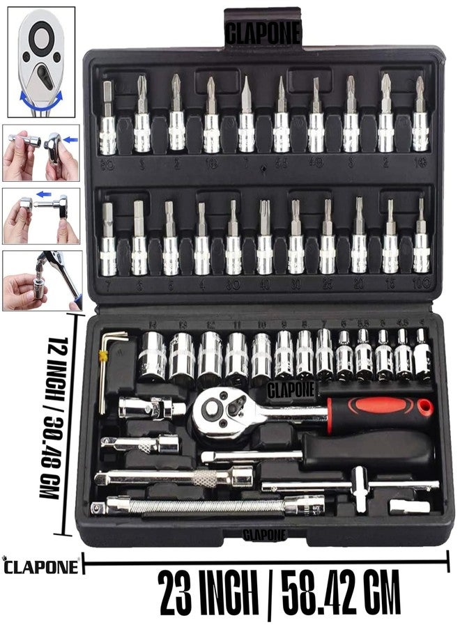 CLAPONE Tool Kit 46 Pcs Household | 1/4 Drive Socket Screwdriver Wrench Set for Bike, Car Repairs & More Spanner & Socket Set All Size Tool Kit Goti Pana Perfect for DIY Enthusiasts, Black - Image 2
