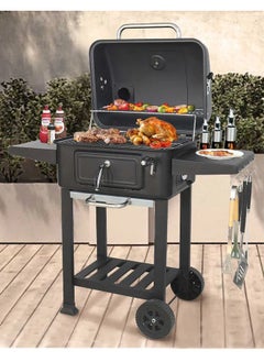Generic Heavy Duty Garden Barrel Trolley BBQ Grill Smoker with Side Table and Hanging Hooks, Large-Capacity Charcoal BBQ Drum Grill, Outdoor Meat Smoker with Thermometer and 2 Wheels for Easy Mobility  - Image 1
