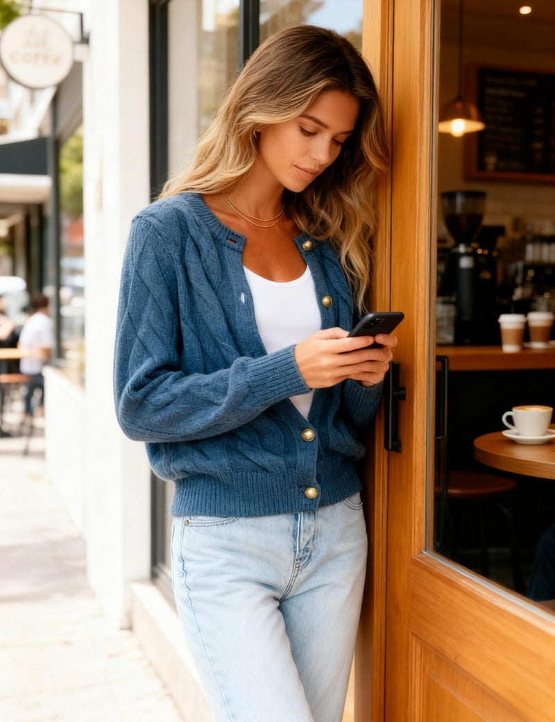 Omoone Short Cardigan Sweaters for Women Loose Crewneck Cable Knit Tops Casual Chunky Button Up Fall Outfits(4244-Blue-M) - Image 3