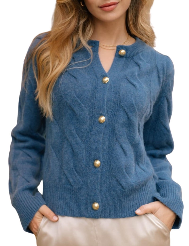 Omoone Short Cardigan Sweaters for Women Loose Crewneck Cable Knit Tops Casual Chunky Button Up Fall Outfits(4244-Blue-M) - Image 1