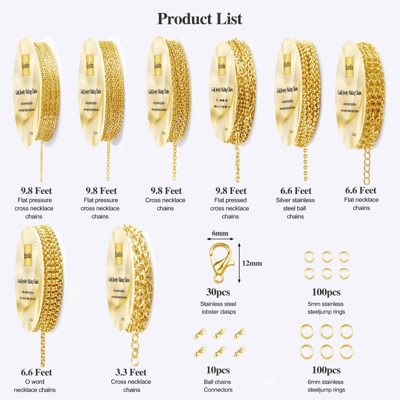 Ecoofor Gold Necklace Chains for Jewelry Making, 62.3 Feet 8 Rolls Jewelry Chains for DIY Necklace Bracelet Jewelry Making with Jump Rings/Lobster Clasps/Connectors - Image 3