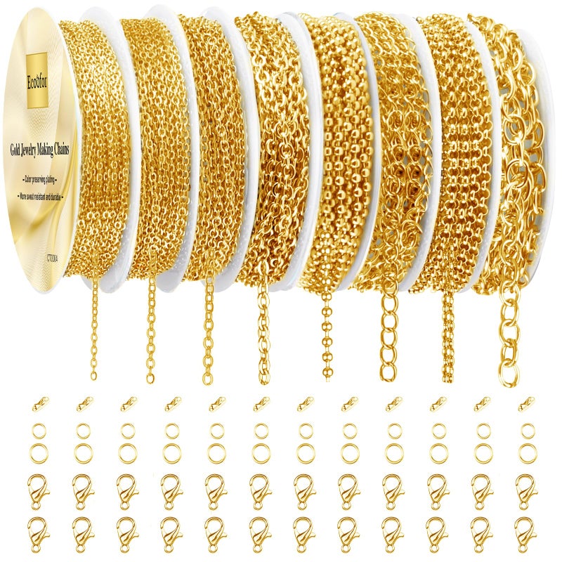 Ecoofor Gold Necklace Chains for Jewelry Making, 62.3 Feet 8 Rolls Jewelry Chains for DIY Necklace Bracelet Jewelry Making with Jump Rings/Lobster Clasps/Connectors - Image 1