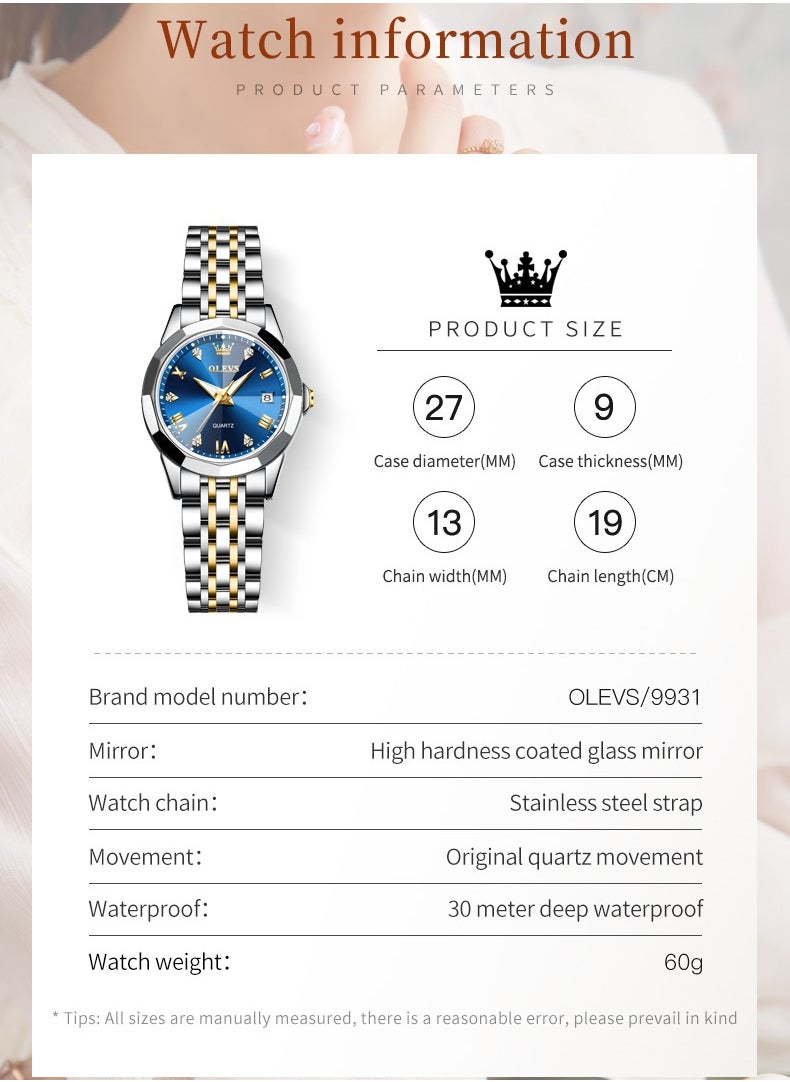 OLEVS - Watches for Women Stylish Stainless Steel Water Resistant Quartz Analog Watch 27mm 9931 Silver - Image 1