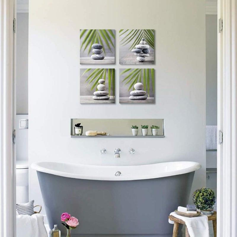 SUMGAR Bathroom Wall Art Grey Framed Pictures Green Leaf Pebble Canvas Prints Set of 4 Zen Artwork Plant Paintings for Living Room Bedroom Kitchen Office Hallway 30x30 cm Modern Home Decor - Image 2