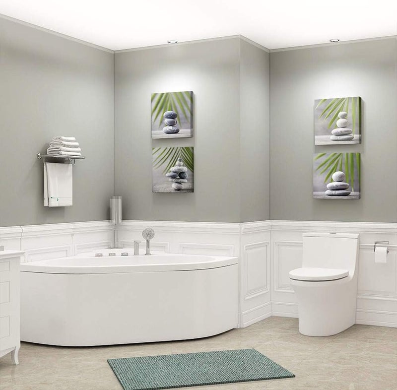 SUMGAR Bathroom Wall Art Grey Framed Pictures Green Leaf Pebble Canvas Prints Set of 4 Zen Artwork Plant Paintings for Living Room Bedroom Kitchen Office Hallway 30x30 cm Modern Home Decor - Image 5