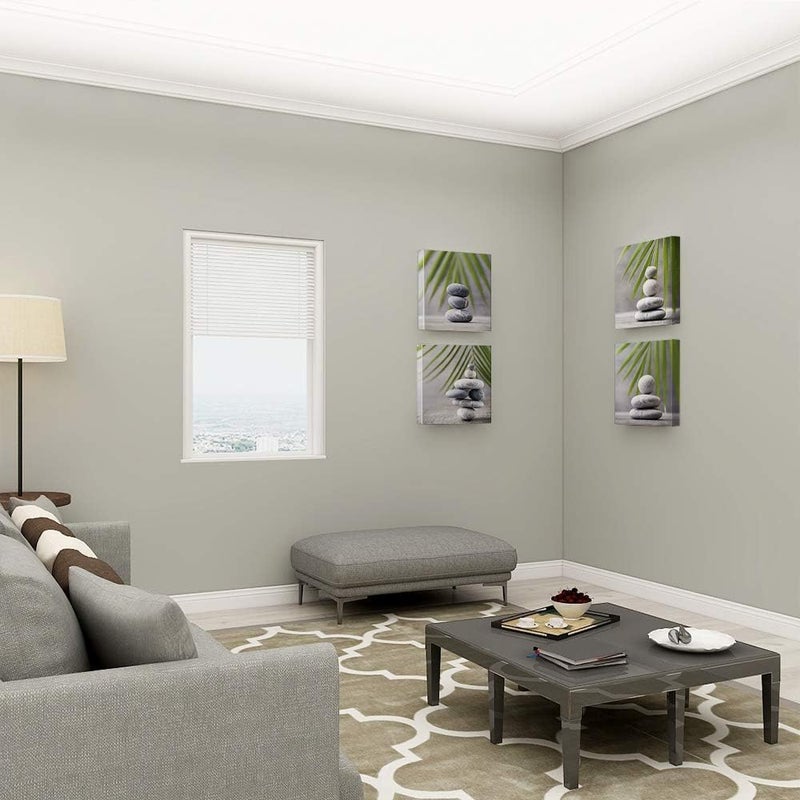 SUMGAR Bathroom Wall Art Grey Framed Pictures Green Leaf Pebble Canvas Prints Set of 4 Zen Artwork Plant Paintings for Living Room Bedroom Kitchen Office Hallway 30x30 cm Modern Home Decor - Image 4