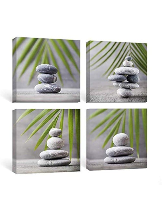 SUMGAR Bathroom Wall Art Grey Framed Pictures Green Leaf Pebble Canvas Prints Set of 4 Zen Artwork Plant Paintings for Living Room Bedroom Kitchen Office Hallway 30x30 cm Modern Home Decor - Image 1