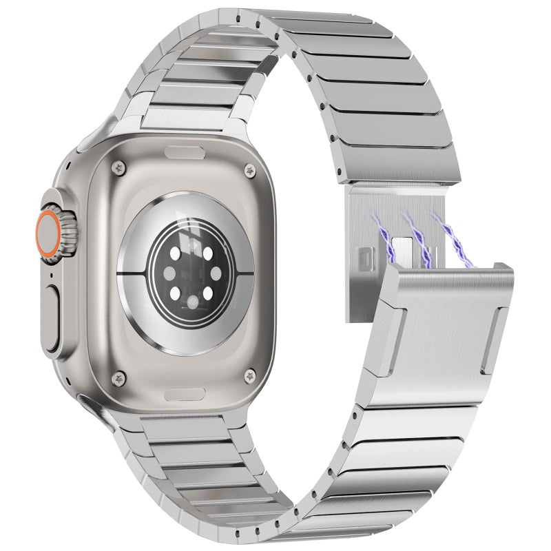 NewWays Magnetic Link Bracelet Compatible with Apple Watch Ultra 3 2 1 Band 49mm Series 11 10 46mm 45mm 44mm Series 9 8 7 6 SE 5 4 iWatch Stainless Steel Link Bands Magnetic Closure Silver - Image 2