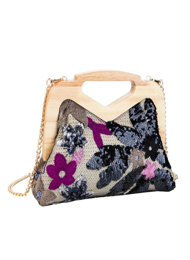 Abvokury Wooden Handle Sequin Embroidered Floral Handbag with Detachable Strap Evening Bag for Wedding Party (Black) - Image 2