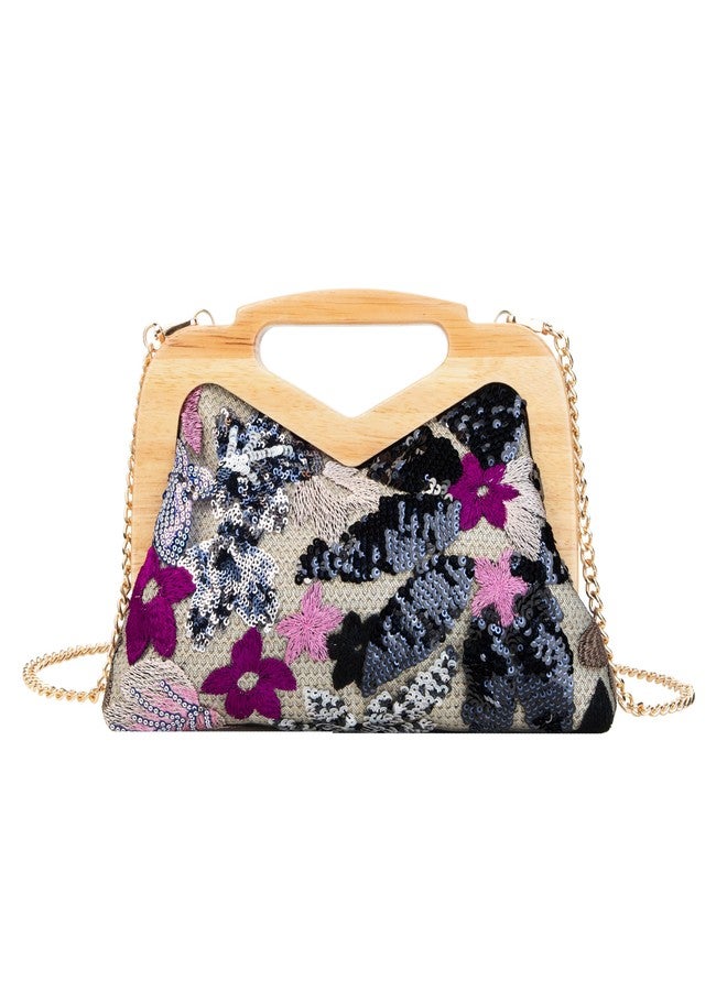 Abvokury Wooden Handle Sequin Embroidered Floral Handbag with Detachable Strap Evening Bag for Wedding Party (Black) - Image 1