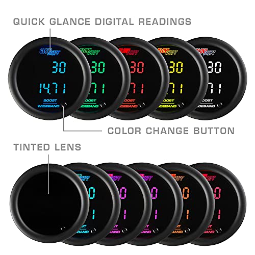 GLOWSHIFT مجموعة عدادات غلو شيفت الرقمية المزدوجة للضغط/الفراغ ونسبة الهواء/الوقود - 10 ألوان - تشمل حساسات إلكترونية - شاشتان LED متعددة الألوان - عدسة ملونة - 2-1/16" (52 مم) - Image 4