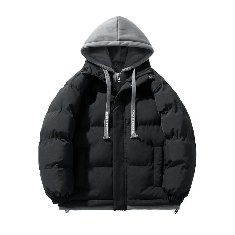 Winter New Mens Thickened Cotton-padded Coat Hooded Fake Two-piece Coat Fashionable Loose Cotton-padded Coat Cotton-padded Coat Bread Coat Cross-border Black - Image 1