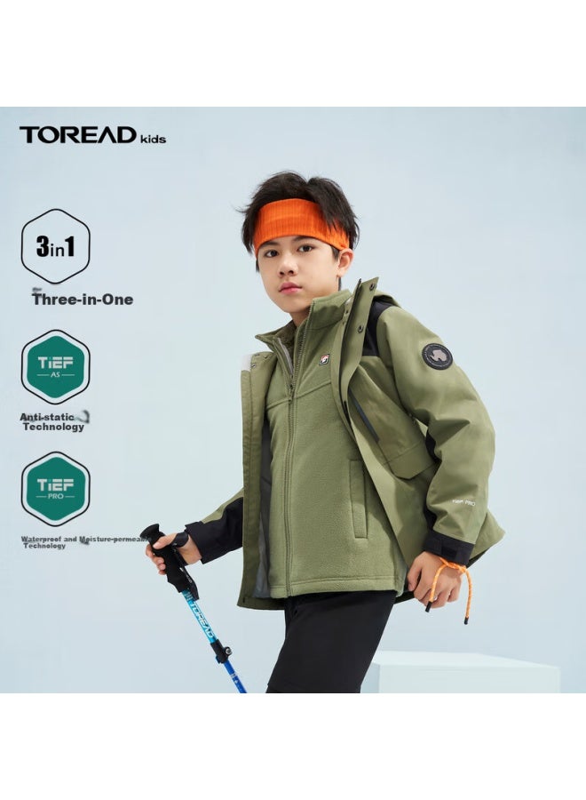 TOREAD Toread Flagship Children's 3-in-1 Windbreaker Jacket For Boys And Girls, Autumn/winter Warm Outerwear, Rock Green, Size 150 - Image 1
