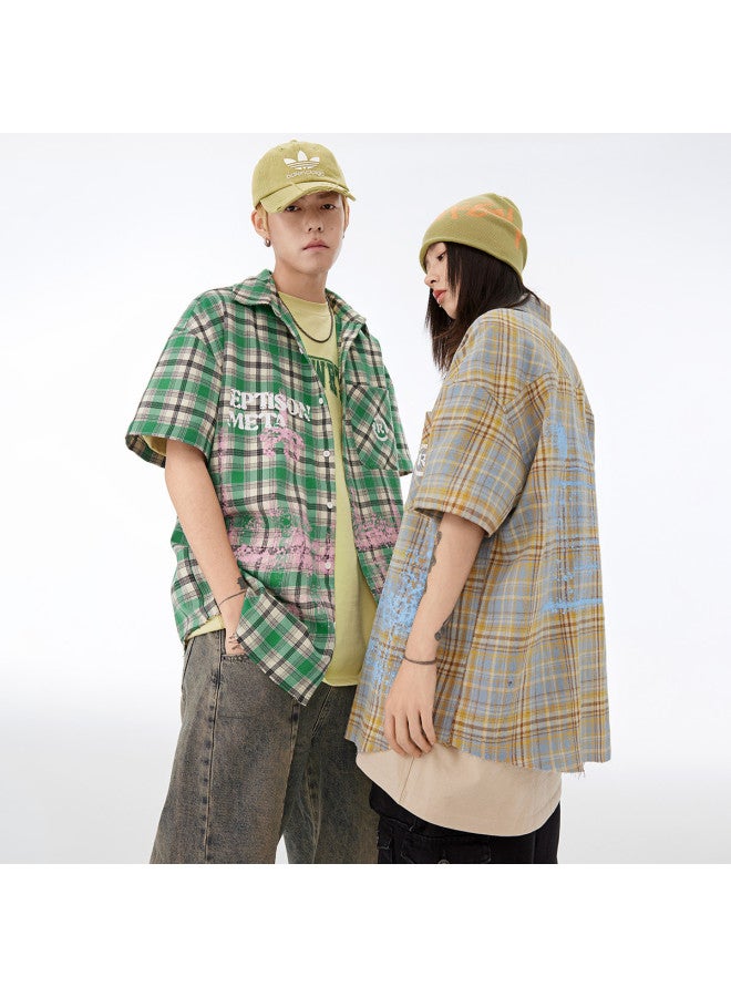 EPTISON summer Shirt Paint Letter Print Plaid Loose Short Sleeve Shirt Men's Casual Jacket For Commuting - Image 3