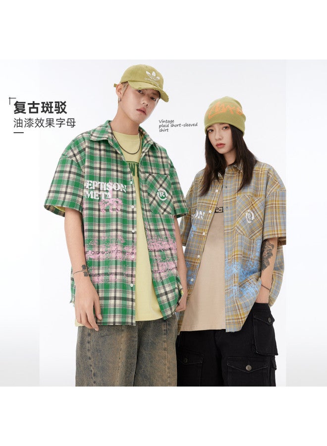 EPTISON summer Shirt Paint Letter Print Plaid Loose Short Sleeve Shirt Men's Casual Jacket For Commuting - Image 2