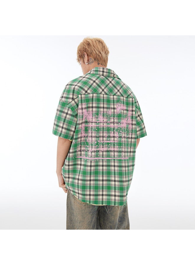 EPTISON summer Shirt Paint Letter Print Plaid Loose Short Sleeve Shirt Men's Casual Jacket For Commuting - Image 4
