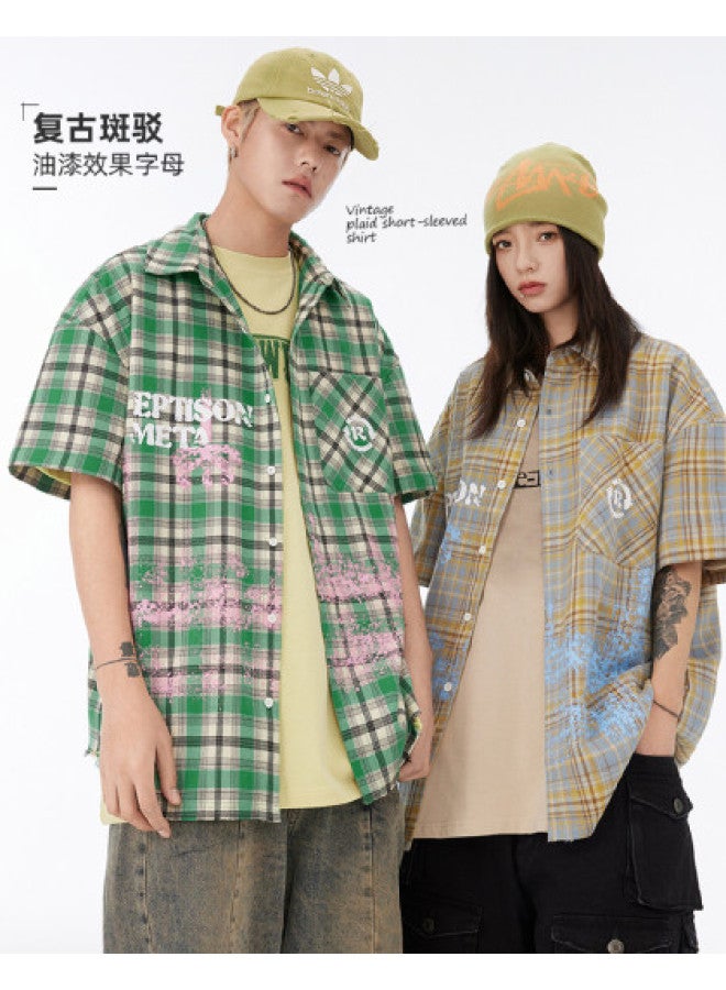 EPTISON summer Shirt Paint Letter Print Plaid Loose Short Sleeve Shirt Men's Casual Jacket For Commuting - Image 1