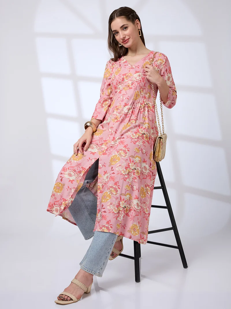 globus Globus Women V-Neck Floral Print Pleated Front Slit A-Line Workwear Kurta