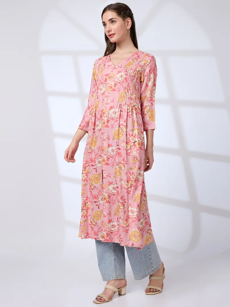 globus Globus Women V-Neck Floral Print Pleated Front Slit A-Line Workwear Kurta