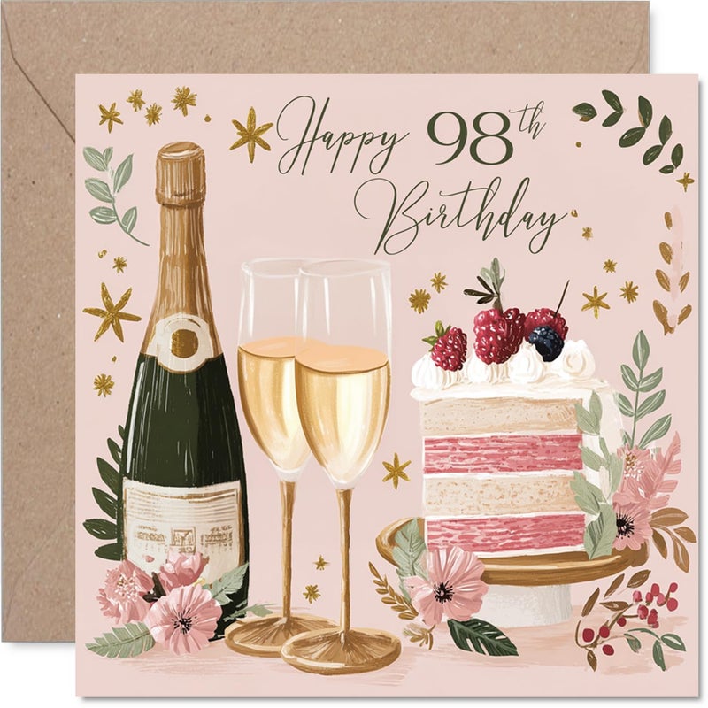 Stuff4 98th Birthday Cards for Women - Cakes & Wine - Happy Birthday Card for 98 Year Old Woman Grandma Granny Nana Nan  5.7 Inch Bday Greeting Cards - Image 1