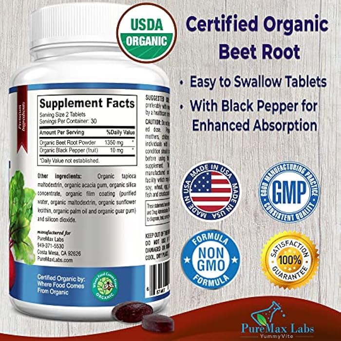YUMMYVITE Organic Beet Root Powder Tablets - 1350mg with Black Pepper for Faster Absorption - Boosts Nitric Oxide for Energy and Stamina - 60 Tablets - Image 2