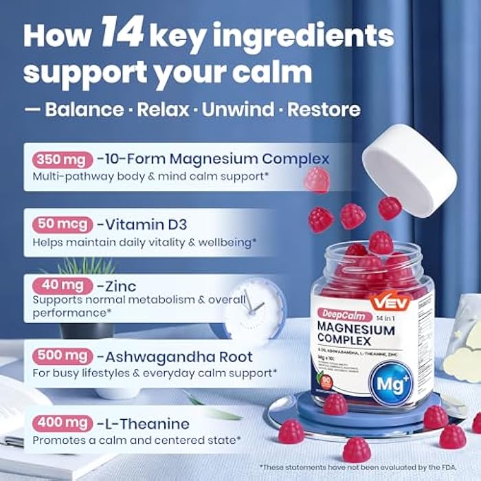 VEV Deep Calm Magnesium Complex 14-in-1 Gummies – 90 Count (Pack of 1) – with D3, Ashwagandha, L-theanine, Zinc – No Added Sugar Vegan Magnesium Glycinate Gummies – Magnesium Complex for Women and Men - Image 4