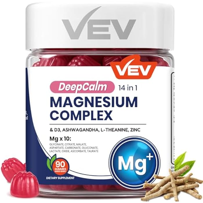 VEV Deep Calm Magnesium Complex 14-in-1 Gummies – 90 Count (Pack of 1) – with D3, Ashwagandha, L-theanine, Zinc – No Added Sugar Vegan Magnesium Glycinate Gummies – Magnesium Complex for Women and Men - Image 1