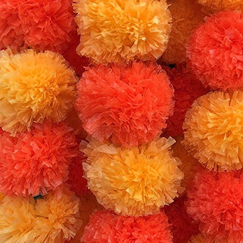 ABHAAS Artificial Marigold Fluffy Flowers for Decoration Garlands for Decoration Pooja Room Toran Indian genda phool for Wedding Festivals Diwali pongal /4.7 Feet/Set of 5 Mala (Orange-Light Orange) - Image 1