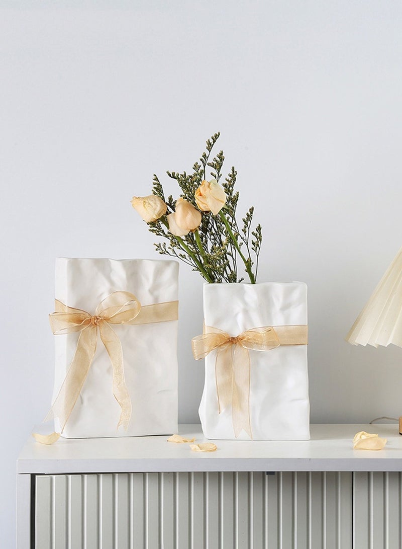 MIXDE White Crinkle Paper Bag Ceramic Vase, Unique Square Wide Mouth Pleated Vases, Minimalist Boho Vase for Flower Arrangement Table Centerpiece Home Office Bookshelf Decor  - Image 1