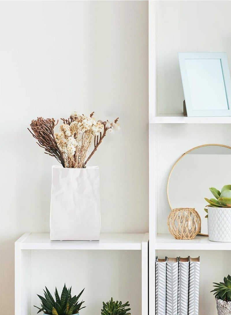 MIXDE White Crinkle Paper Bag Ceramic Vase, Unique Square Wide Mouth Pleated Vases, Minimalist Boho Vase for Flower Arrangement Table Centerpiece Home Office Bookshelf Decor  - Image 2