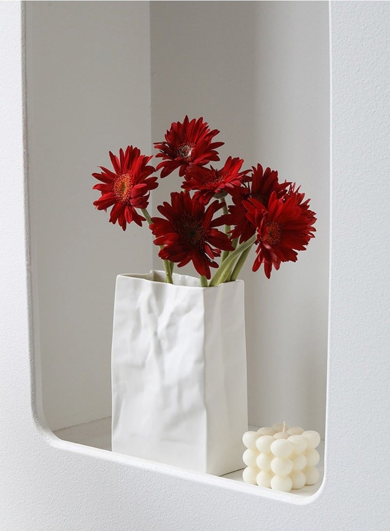 MIXDE White Crinkle Paper Bag Ceramic Vase, Unique Square Wide Mouth Pleated Vases, Minimalist Boho Vase for Flower Arrangement Table Centerpiece Home Office Bookshelf Decor  - Image 4