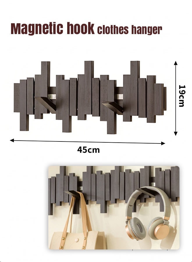 WangPangZi Solid Bamboo Wooden Foldable Coat Rack Wall Mount with 6 Hidden Magnetic Flip Hooks, Minimalist Natural Wall Art Hook Organizer Shelf, Piano Key Design Hanger for Coats Hats Keys Bags Towels | For Entryway Mudroom Hallway Bedroom Bathroom Living Room Home Office Decor Kids Room (Black) - Image 2