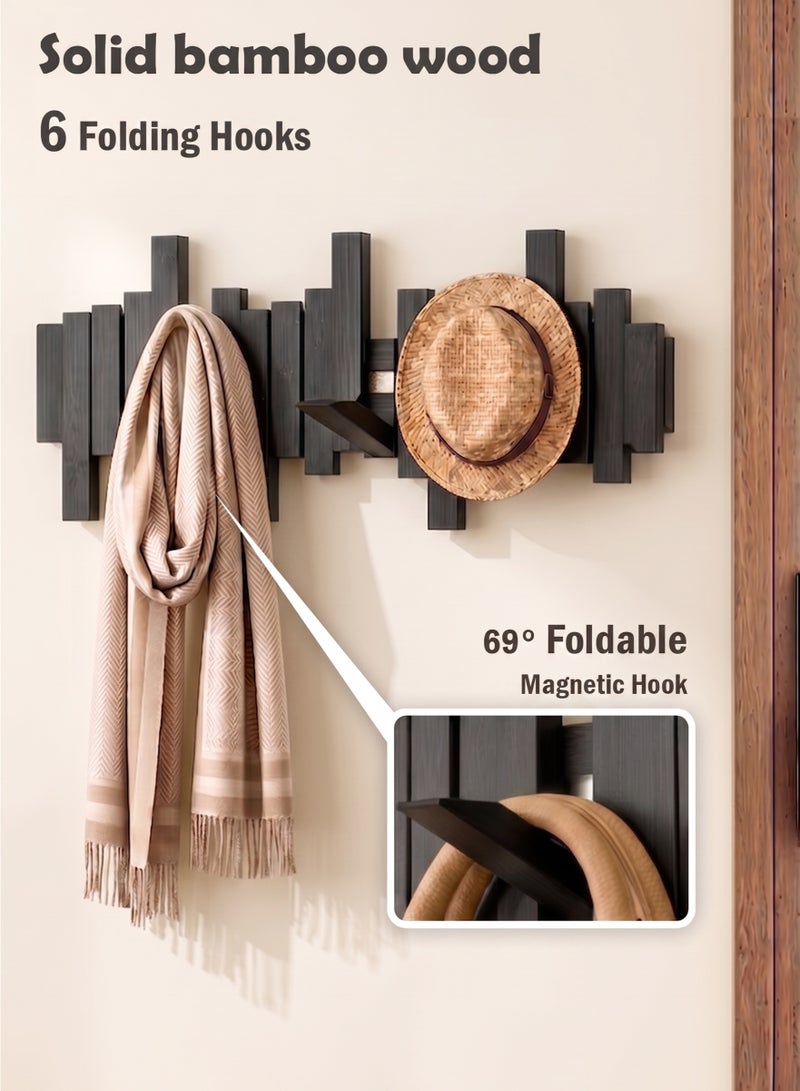 WangPangZi Solid Bamboo Wooden Foldable Coat Rack Wall Mount with 6 Hidden Magnetic Flip Hooks, Minimalist Natural Wall Art Hook Organizer Shelf, Piano Key Design Hanger for Coats Hats Keys Bags Towels | For Entryway Mudroom Hallway Bedroom Bathroom Living Room Home Office Decor Kids Room (Black) - Image 1
