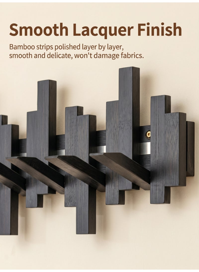 WangPangZi Solid Bamboo Wooden Foldable Coat Rack Wall Mount with 6 Hidden Magnetic Flip Hooks, Minimalist Natural Wall Art Hook Organizer Shelf, Piano Key Design Hanger for Coats Hats Keys Bags Towels | For Entryway Mudroom Hallway Bedroom Bathroom Living Room Home Office Decor Kids Room (Black) - Image 5