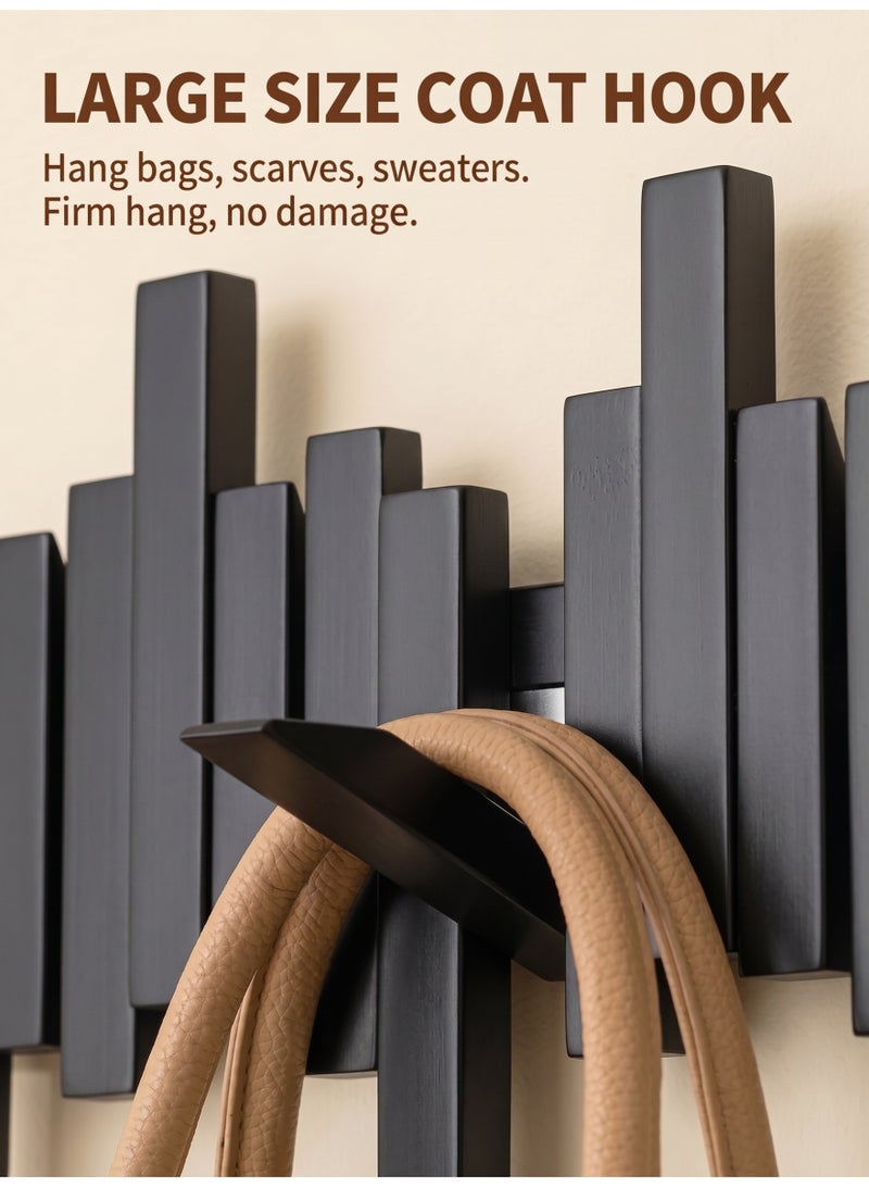 WangPangZi Solid Bamboo Wooden Foldable Coat Rack Wall Mount with 6 Hidden Magnetic Flip Hooks, Minimalist Natural Wall Art Hook Organizer Shelf, Piano Key Design Hanger for Coats Hats Keys Bags Towels | For Entryway Mudroom Hallway Bedroom Bathroom Living Room Home Office Decor Kids Room (Black) - Image 3