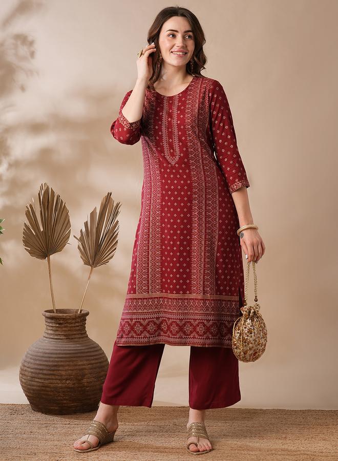 جلو باص طقم كورتا مستقيمة للعمل بطبعة ذهبية مع بنطال بخصر مطاطي - Image 1