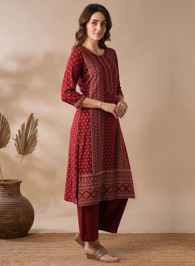 جلو باص طقم كورتا مستقيمة للعمل بطبعة ذهبية مع بنطال بخصر مطاطي - Image 2