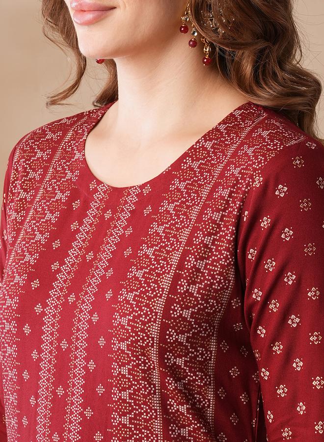 جلو باص طقم كورتا مستقيمة للعمل بطبعة ذهبية مع بنطال بخصر مطاطي - Image 4