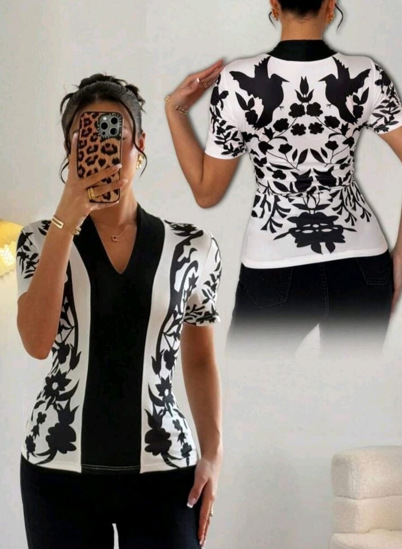Shein SHEIN V-Neck Contrast Color Print Short Sleeve Women BLOUSE, Summer - Image 1