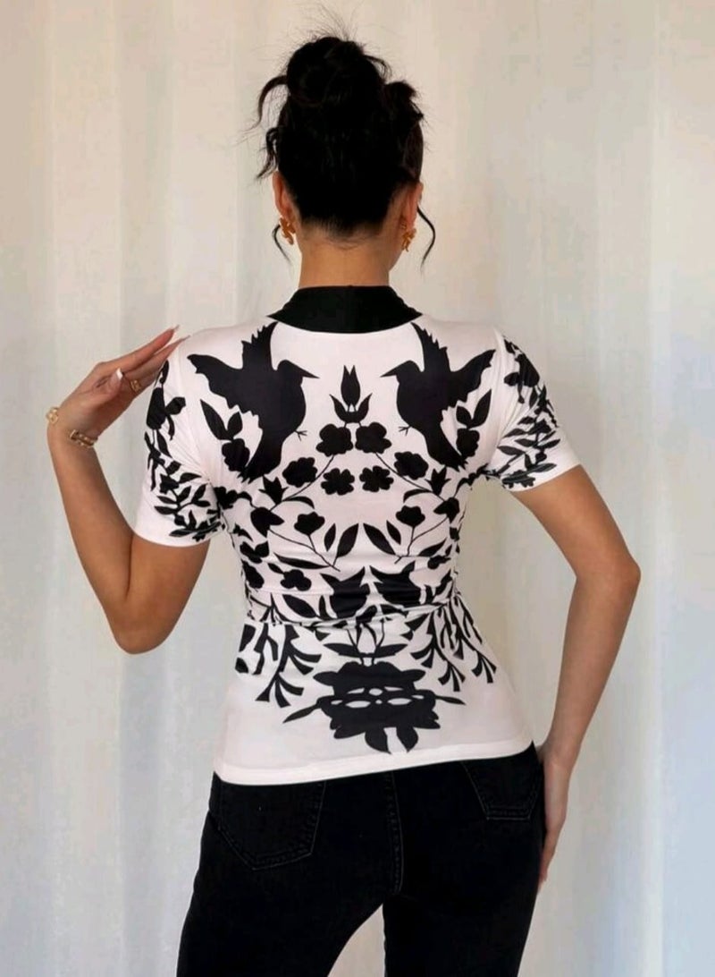 Shein SHEIN V-Neck Contrast Color Print Short Sleeve Women BLOUSE, Summer - Image 3