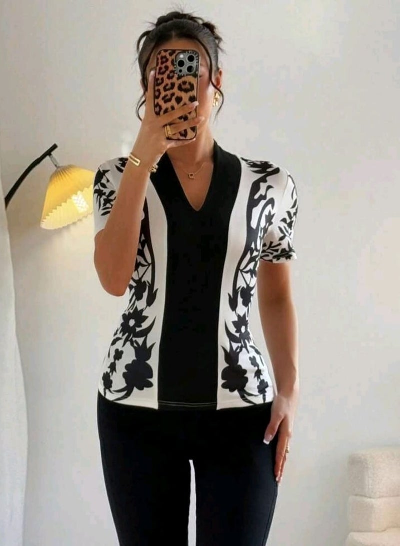 Shein SHEIN V-Neck Contrast Color Print Short Sleeve Women BLOUSE, Summer - Image 2
