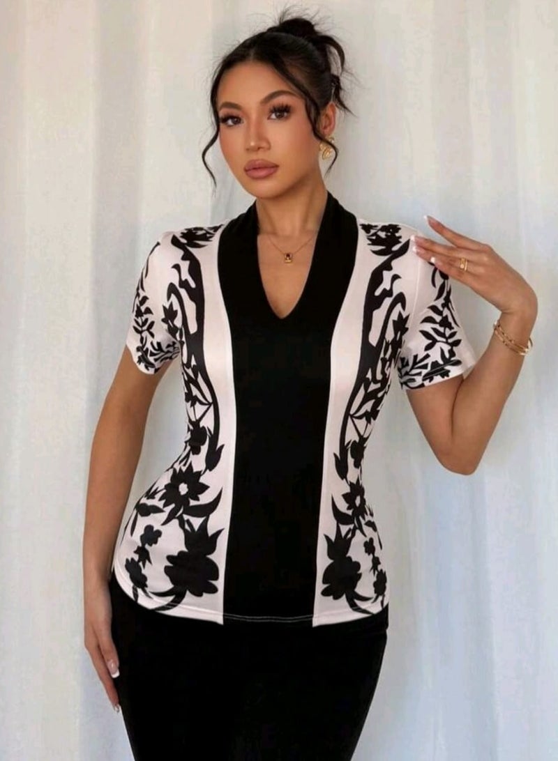 Shein SHEIN V-Neck Contrast Color Print Short Sleeve Women BLOUSE, Summer - Image 5