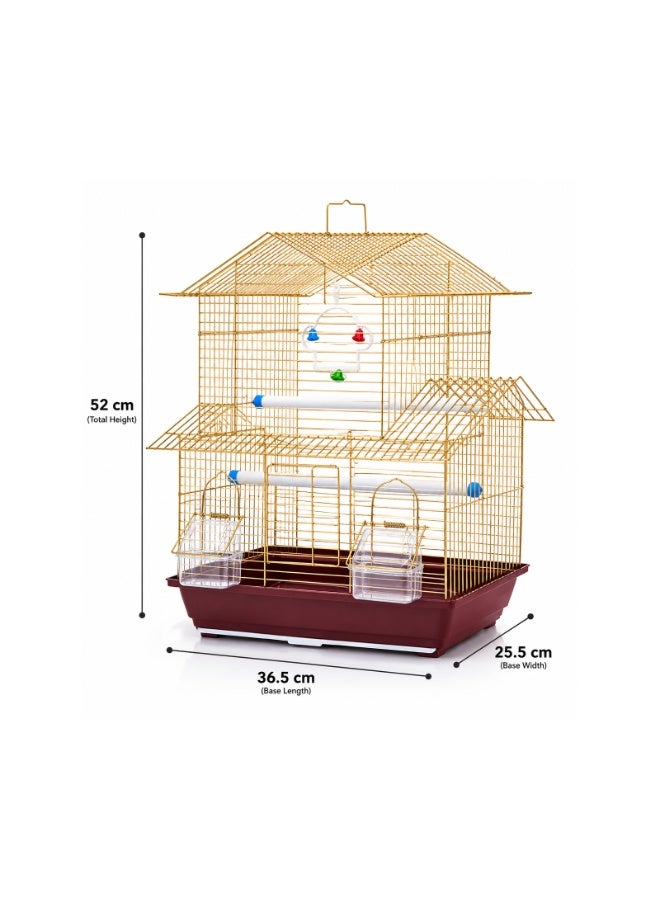 Dayang A3114-G Gold Bird Cage - Two-Tier House Design with 2 Perches, 2 Feeding Cups, Bell Swing Toy & Pull-Out Tray for Canary, Budgie, Finch & Small Birds, 36.5x26x52cm, 1.1cm Safe Bar Spacing - Image 2