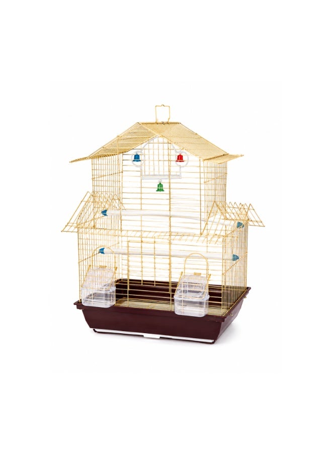 Dayang A3114-G Gold Bird Cage - Two-Tier House Design with 2 Perches, 2 Feeding Cups, Bell Swing Toy & Pull-Out Tray for Canary, Budgie, Finch & Small Birds, 36.5x26x52cm, 1.1cm Safe Bar Spacing - Image 1