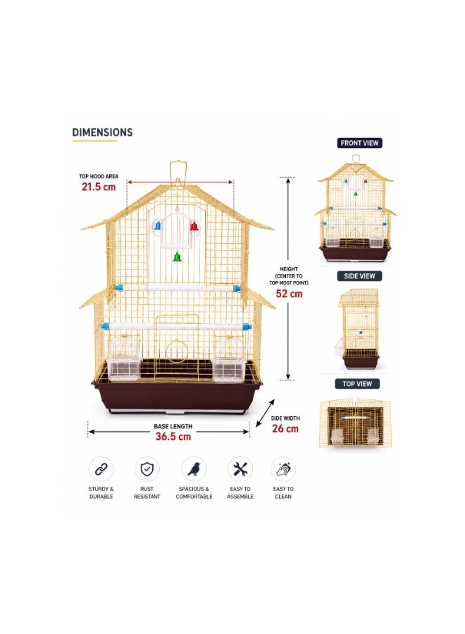 Dayang A3114-G Gold Bird Cage - Two-Tier House Design with 2 Perches, 2 Feeding Cups, Bell Swing Toy & Pull-Out Tray for Canary, Budgie, Finch & Small Birds, 36.5x26x52cm, 1.1cm Safe Bar Spacing - Image 4