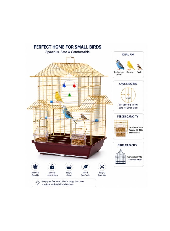 Dayang A3114-G Gold Bird Cage - Two-Tier House Design with 2 Perches, 2 Feeding Cups, Bell Swing Toy & Pull-Out Tray for Canary, Budgie, Finch & Small Birds, 36.5x26x52cm, 1.1cm Safe Bar Spacing - Image 3