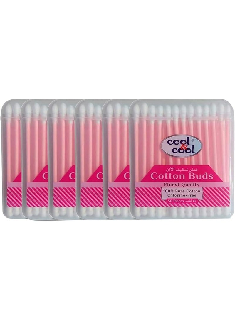 Cool & Cool Cool & Cool Paper Ear Buds - 50's (Pack of 6) - Pink - Round Thick Tips,Cotton Swabs,100% Cotton,Double Tipped,Hygienic,Gentle & Safe Swabs for Ears - 300 Pieces - Image 1